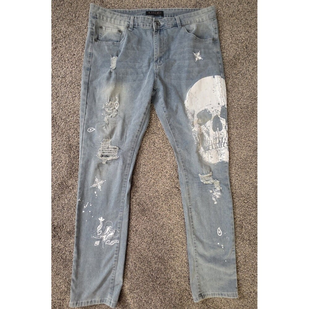 M. Society Politcally Incorrect Jeans Size 36 X 32 Skinny Distressed Skull Moto